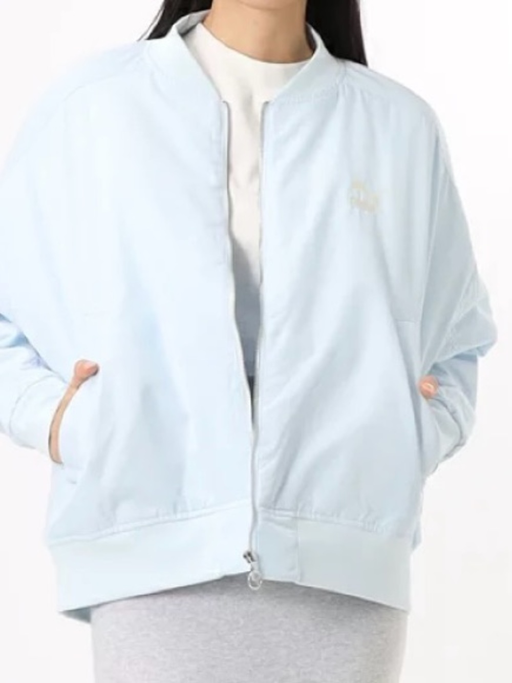 Women Puma T7 Shiny Bomber Jacket icy light blue oversized fit satin XLarge